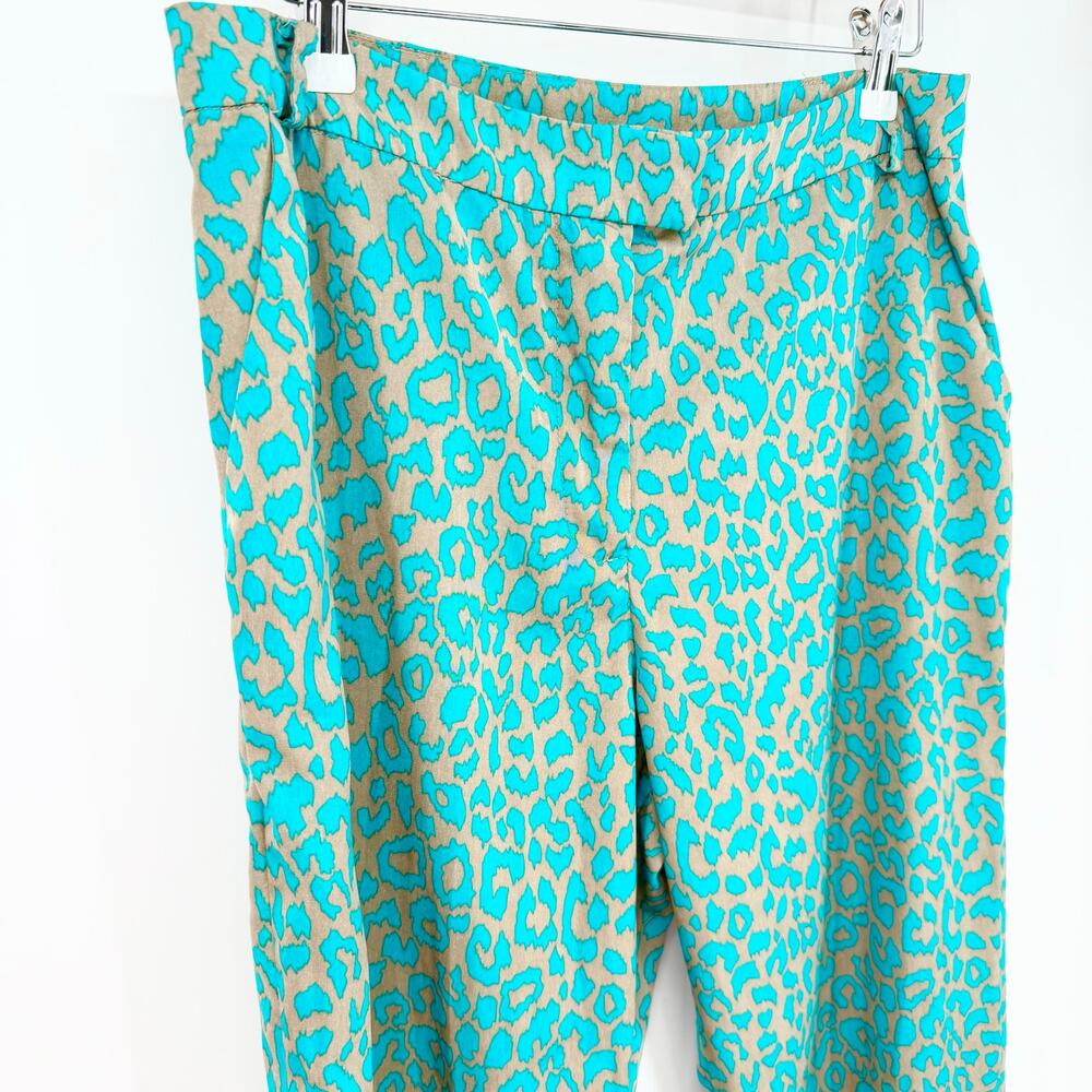 Turquoise Leopard Print Pants Women’s Straight Leg Statement Size 11 Trendy Fun